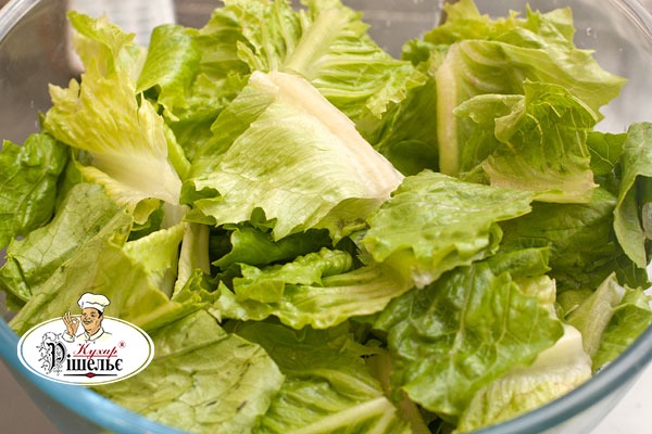 Washed leaves of romaine lettuce on a plate